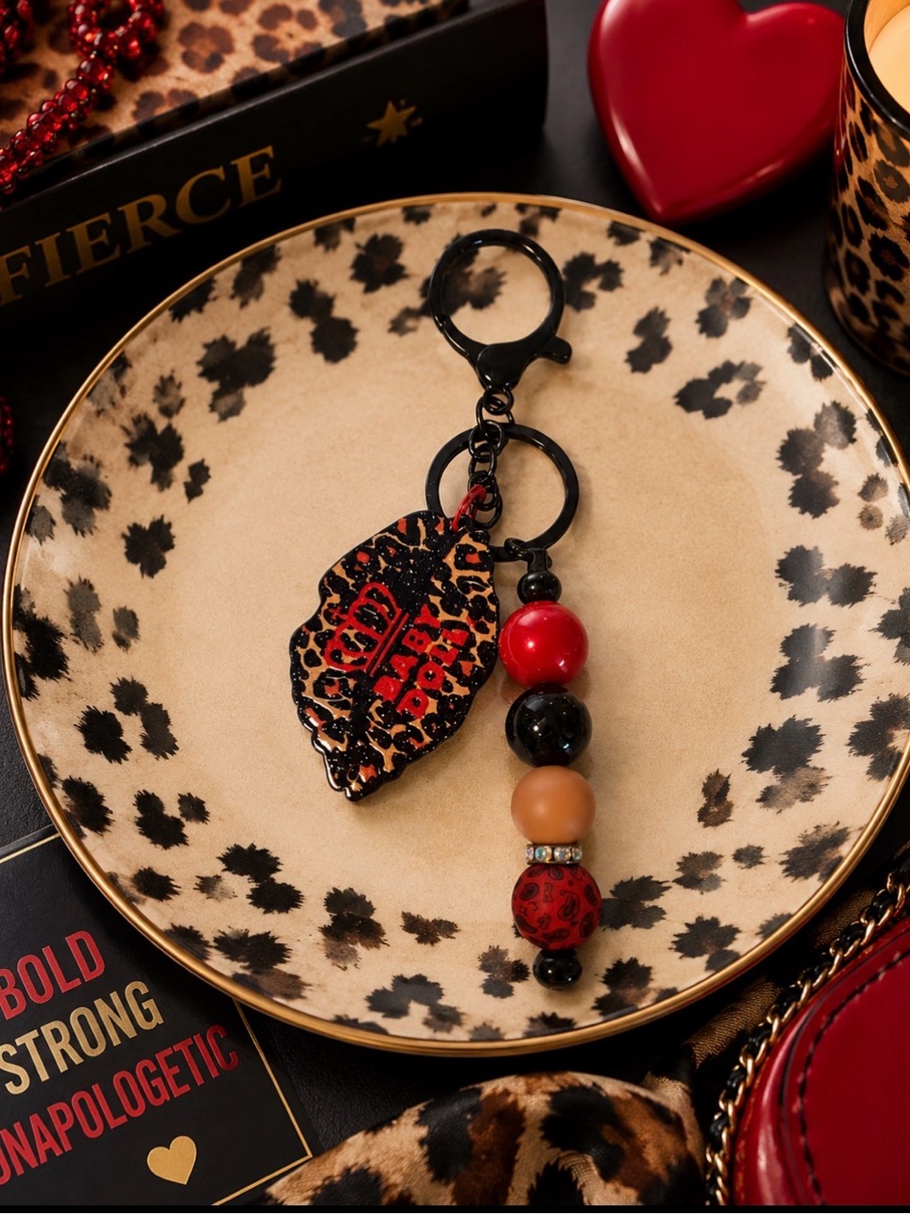 Handmade Leopard Lip Beaded Keychain - Red, Black & Tan